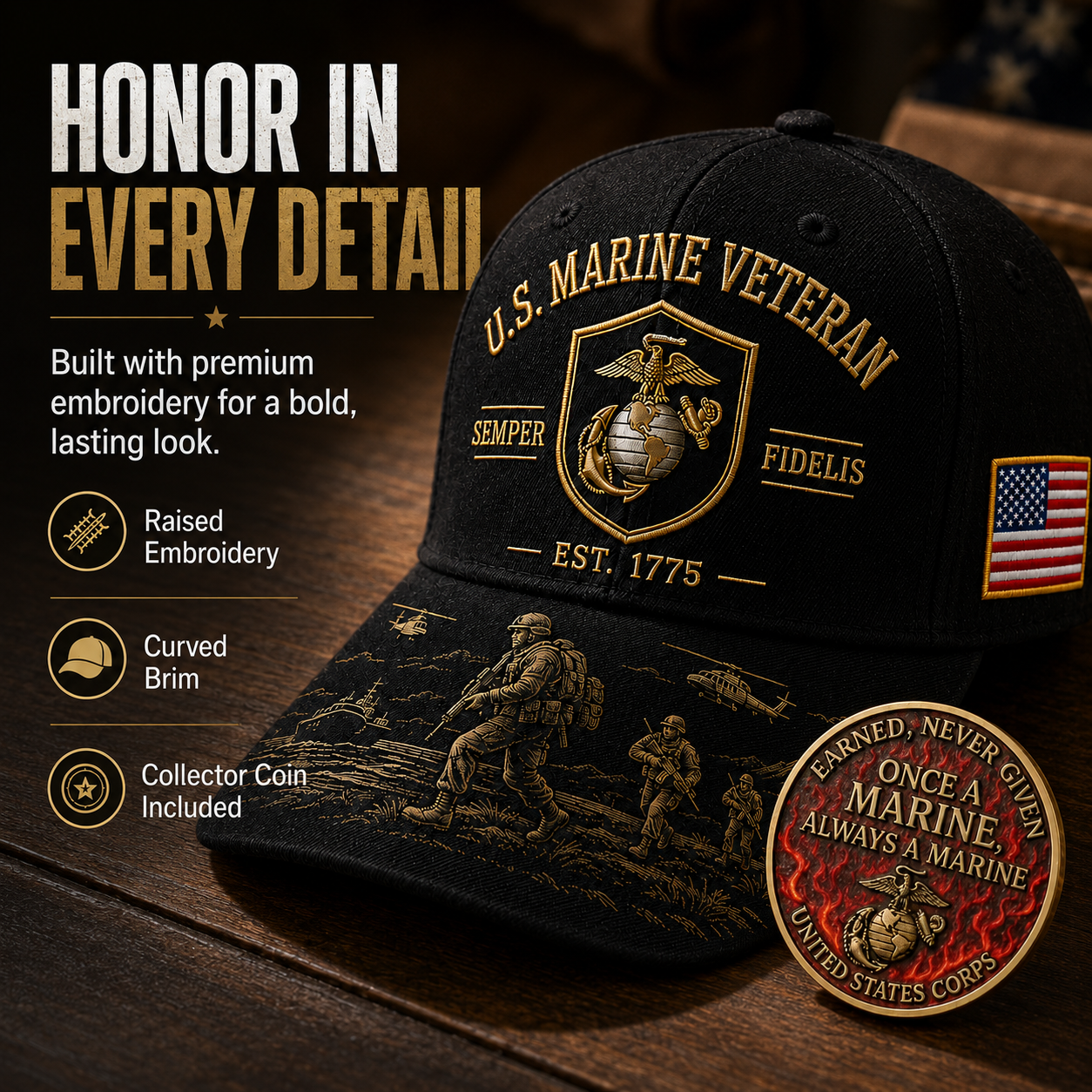 U.S. Marine Veteran Semper Fidelis Commemorative embroidered Cap 🎁 Free Honor Coin With Every Cap Purchase