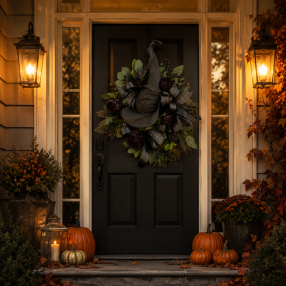 Premium Gothic Black Rose Witch Hat Wreath – Haunting Elegant Halloween Front Door Statement Decor