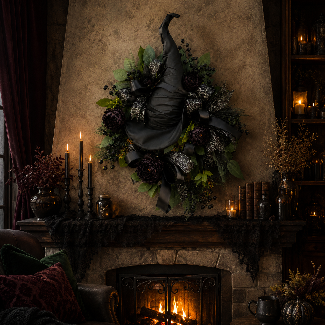 Premium Gothic Black Rose Witch Hat Wreath – Haunting Elegant Halloween Front Door Statement Decor