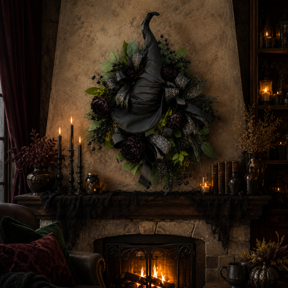 Premium Gothic Black Rose Witch Hat Wreath – Haunting Elegant Halloween Front Door Statement Decor