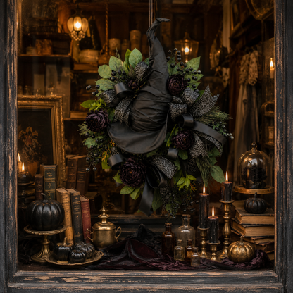 Premium Gothic Black Rose Witch Hat Wreath – Haunting Elegant Halloween Front Door Statement Decor