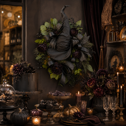 Premium Gothic Black Rose Witch Hat Wreath – Haunting Elegant Halloween Front Door Statement Decor