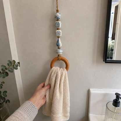 Coastal Blue Beaded Towel Hanger with Wooden Ring