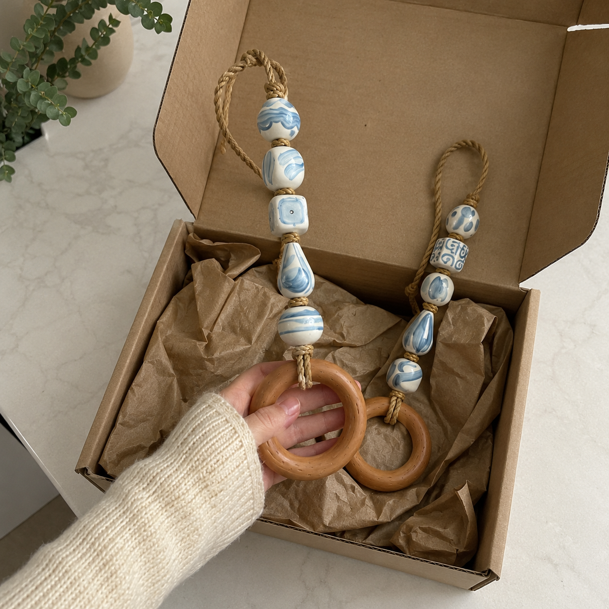 Coastal Blue Beaded Towel Hanger with Wooden Ring
