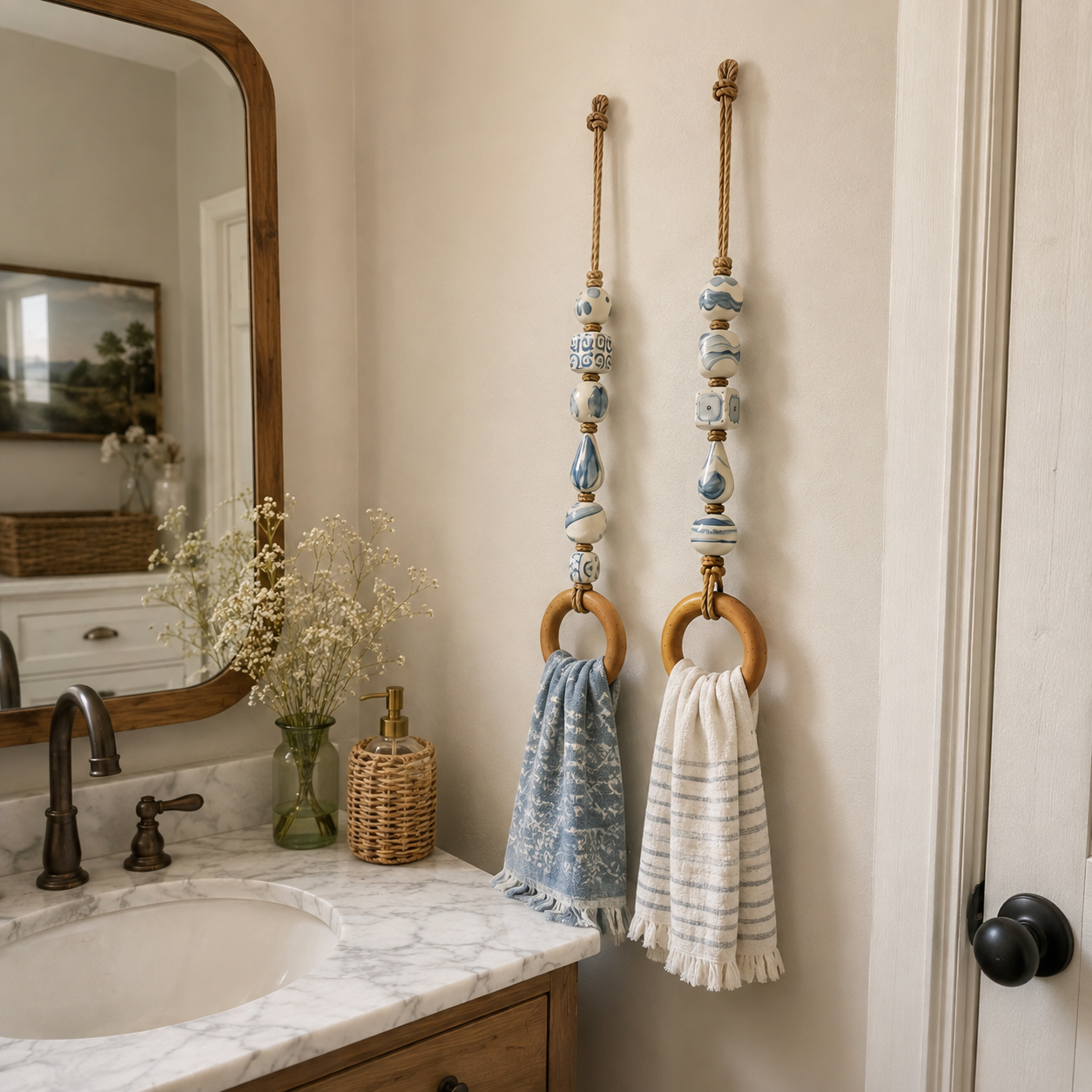 Coastal Blue Beaded Towel Hanger with Wooden Ring