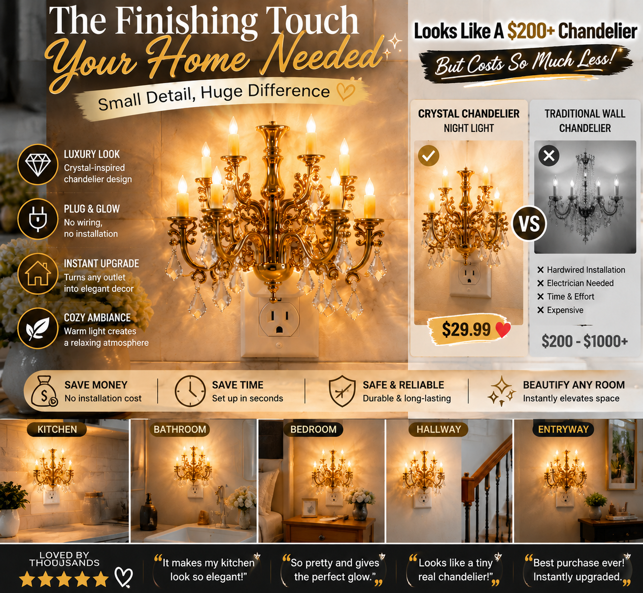 💎 Crystal Chandelier Plug-In Night Light – Instant Luxury Home Decor Outlet Lamp for Kitchen & Bedroom