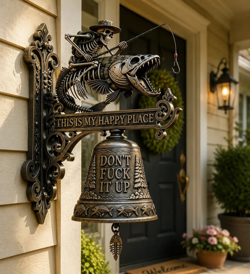 🎣 Metal Skeleton Fisherman Wall Bell – “This Is My Happy Place” Outdoor Décor
