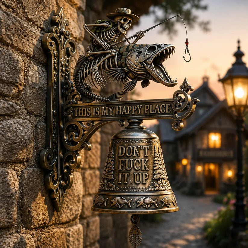 🎣 Metal Skeleton Fisherman Wall Bell – “This Is My Happy Place” Outdoor Décor