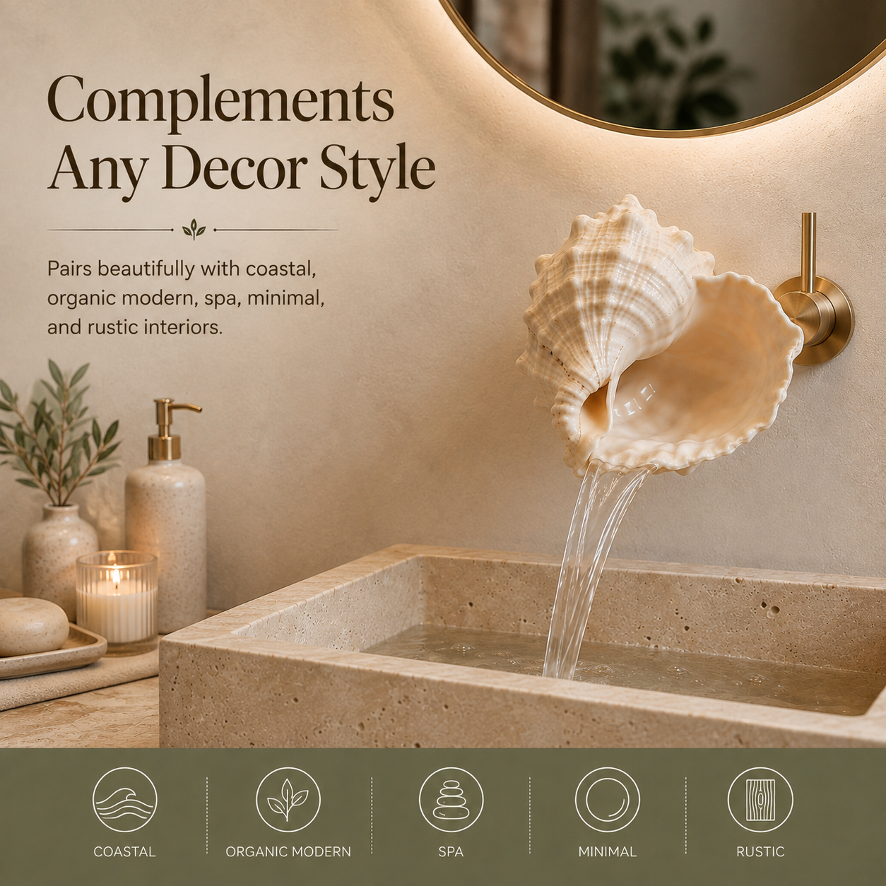🐚 Coastal Seashell Waterfall Faucet – Sculptural Wall-Mounted Bathroom Fixture