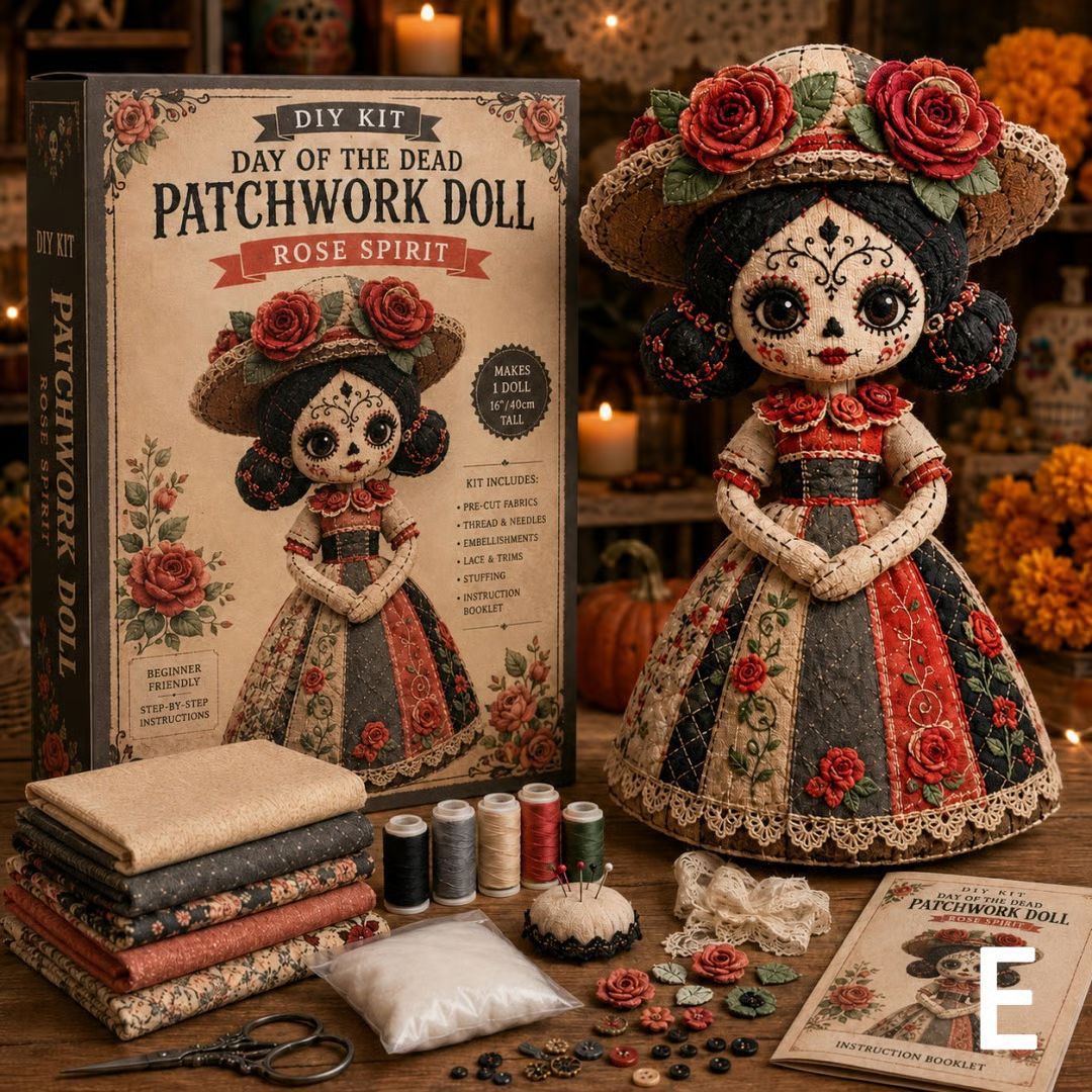 🎃 Day of the Dead Patchwork Doll DIY Sewing Kit – Handmade Fabric Doll Making Kit with Floral Details
