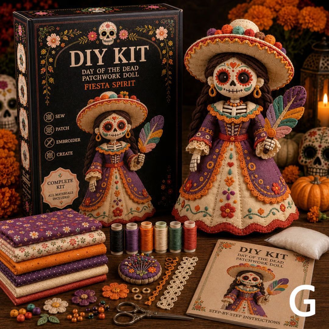 🎃 Day of the Dead Patchwork Doll DIY Sewing Kit – Handmade Fabric Doll Making Kit with Floral Details