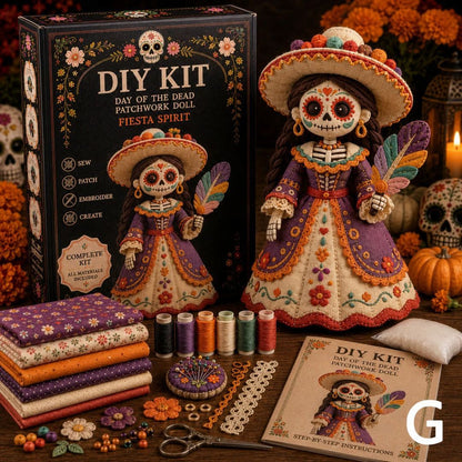 🎃 Day of the Dead Patchwork Doll DIY Sewing Kit – Handmade Fabric Doll Making Kit with Floral Details