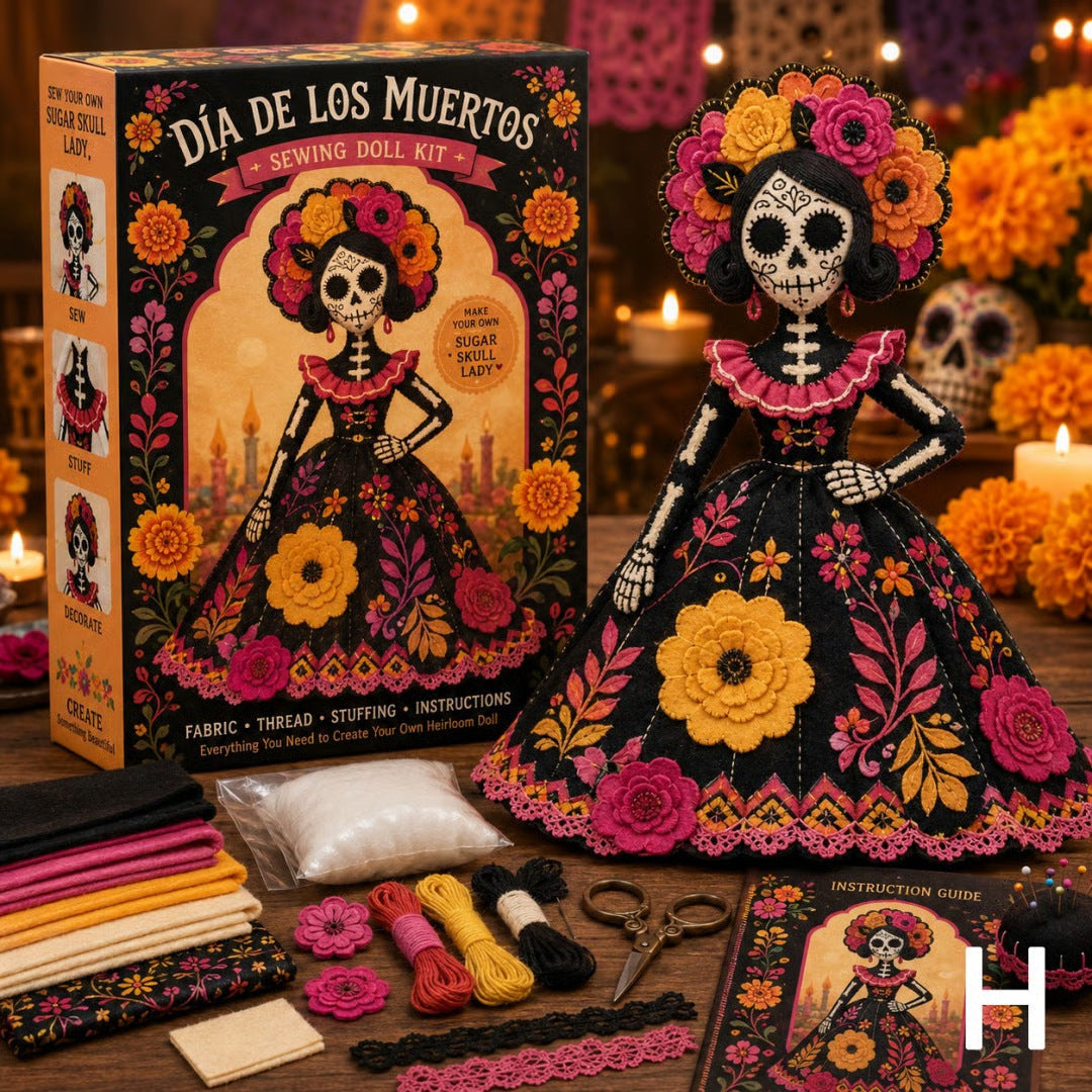 🎃 Day of the Dead Patchwork Doll DIY Sewing Kit – Handmade Fabric Doll Making Kit with Floral Details