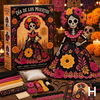 🎃 Day of the Dead Patchwork Doll DIY Sewing Kit – Handmade Fabric Doll Making Kit with Floral Details