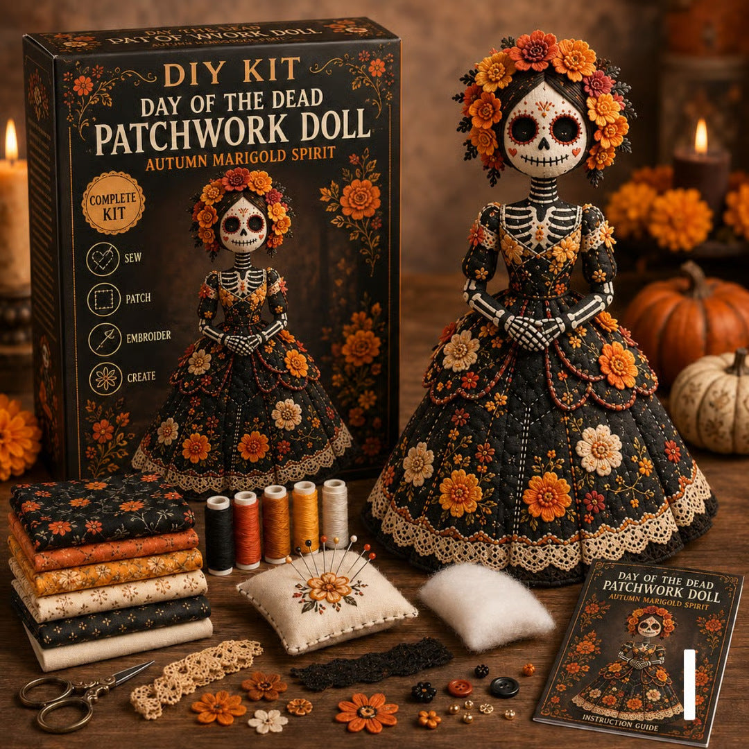 🎃 Day of the Dead Patchwork Doll DIY Sewing Kit – Handmade Fabric Doll Making Kit with Floral Details