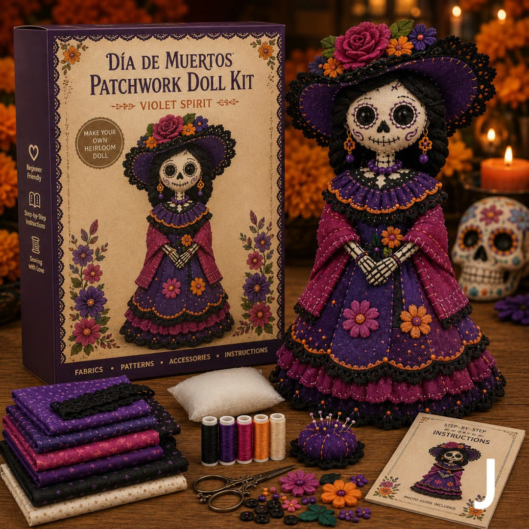 🎃 Day of the Dead Patchwork Doll DIY Sewing Kit – Handmade Fabric Doll Making Kit with Floral Details