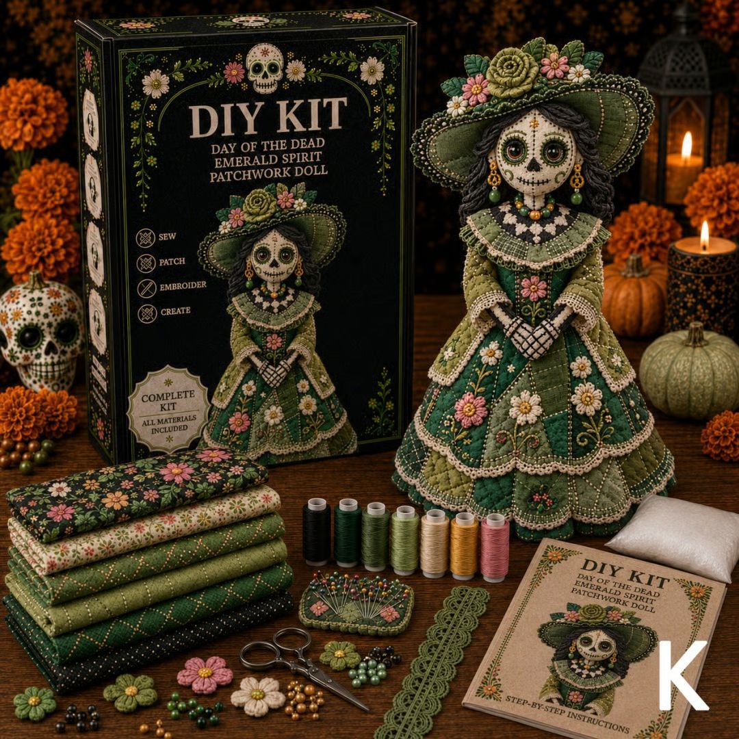 🎃 Day of the Dead Patchwork Doll DIY Sewing Kit – Handmade Fabric Doll Making Kit with Floral Details