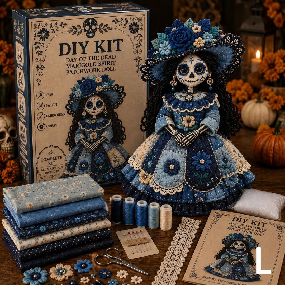 🎃 Day of the Dead Patchwork Doll DIY Sewing Kit – Handmade Fabric Doll Making Kit with Floral Details