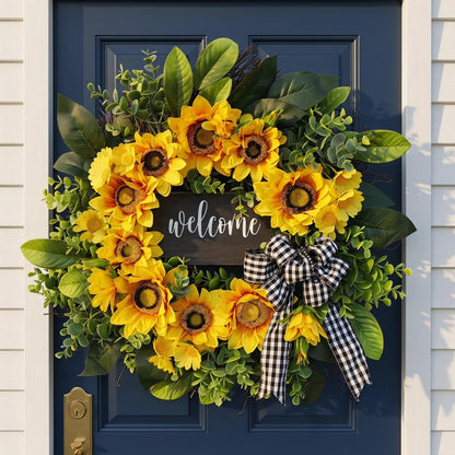 🌻Fall Sunflower Welcome Wreath, Rustic Buffalo Plaid Wreath for Front Door Harvest & Thanksgiving Decor