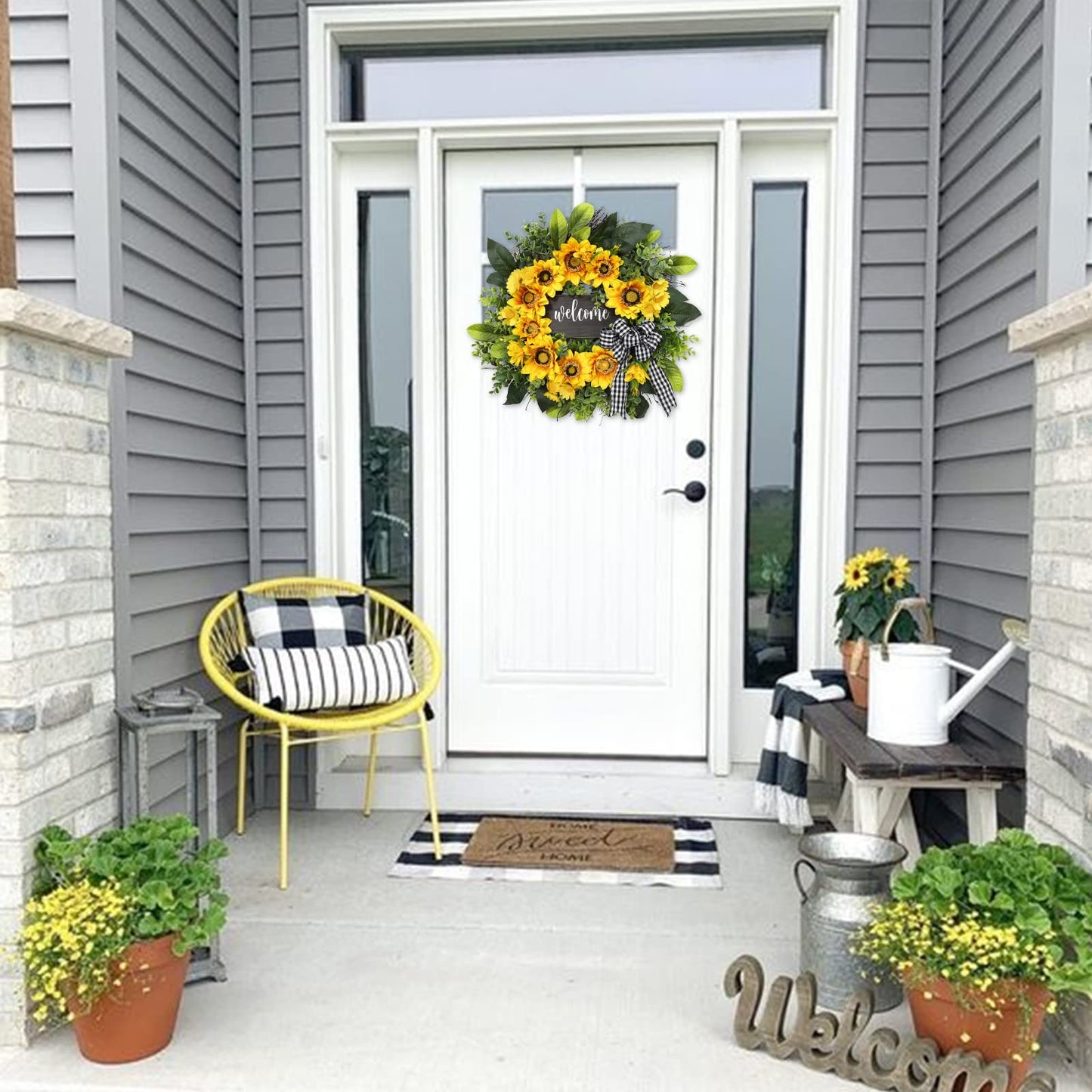 🌻Fall Sunflower Welcome Wreath, Rustic Buffalo Plaid Wreath for Front Door Harvest & Thanksgiving Decor