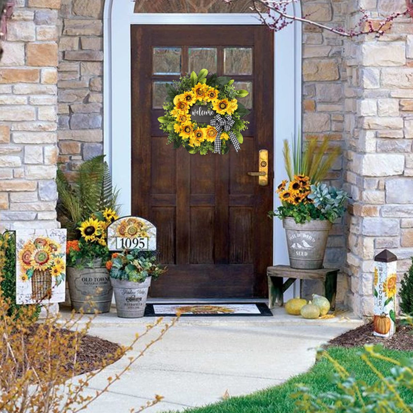 🌻Fall Sunflower Welcome Wreath, Rustic Buffalo Plaid Wreath for Front Door Harvest & Thanksgiving Decor