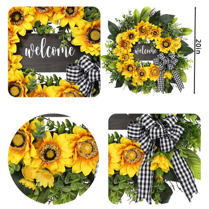 🌻Fall Sunflower Welcome Wreath, Rustic Buffalo Plaid Wreath for Front Door Harvest & Thanksgiving Decor