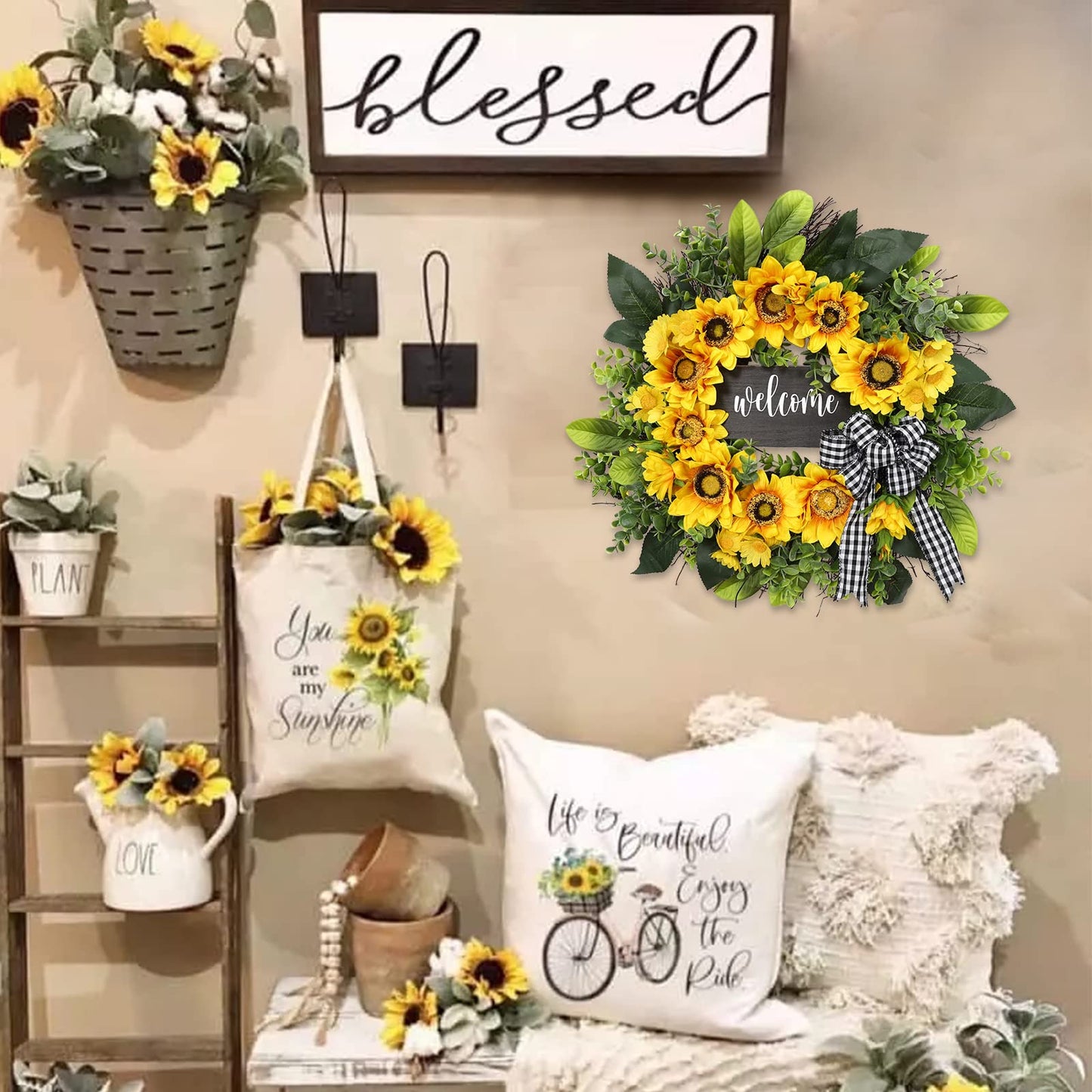 🌻Fall Sunflower Welcome Wreath, Rustic Buffalo Plaid Wreath for Front Door Harvest & Thanksgiving Decor