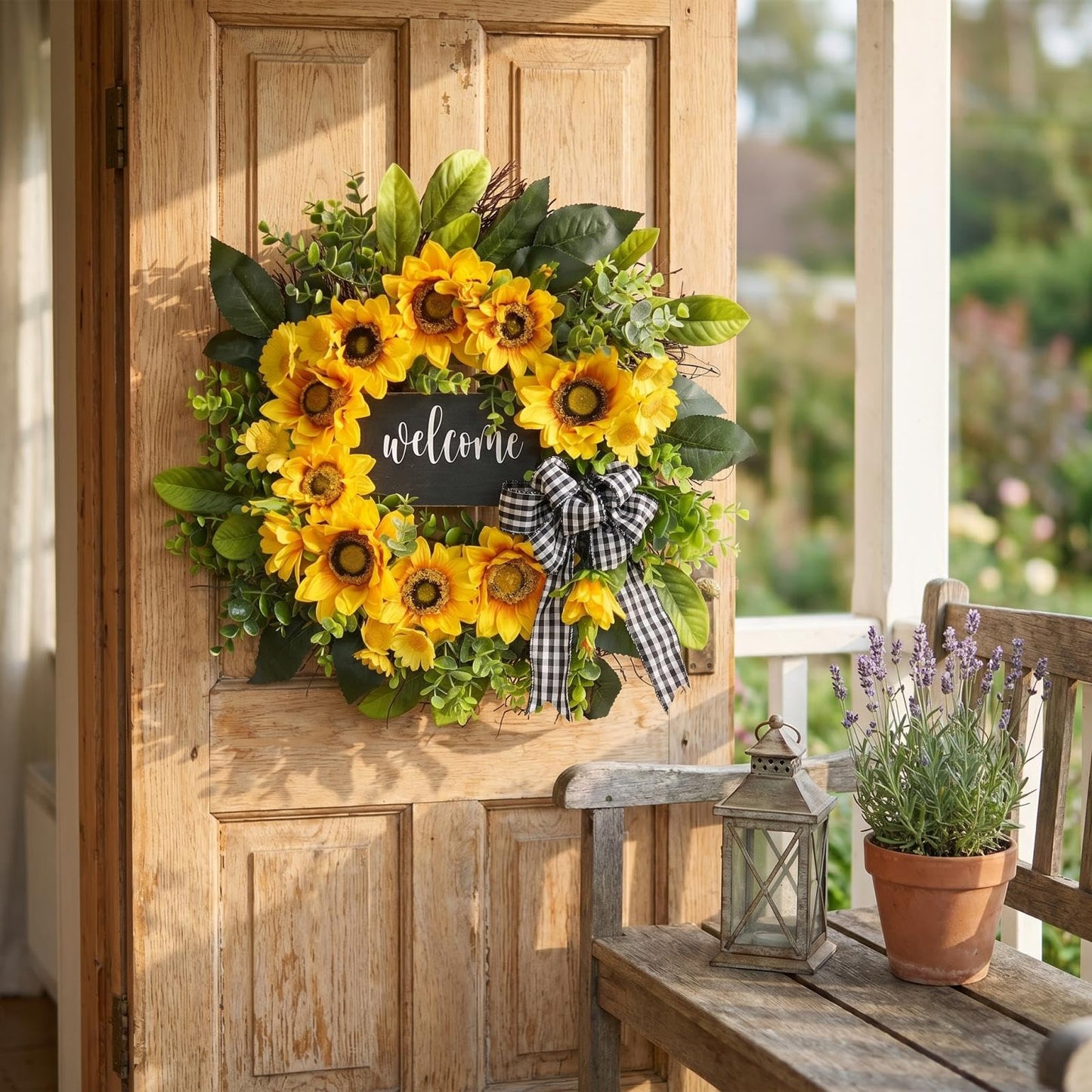 🌻Fall Sunflower Welcome Wreath, Rustic Buffalo Plaid Wreath for Front Door Harvest & Thanksgiving Decor