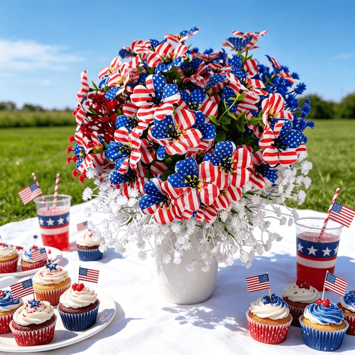 🔥 Patriotic Red White Blue Artificial Flowers💐
