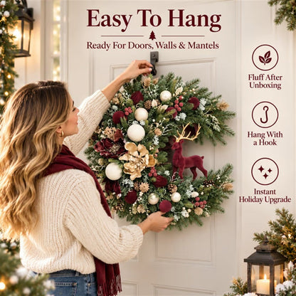 The Hearthside Velvet Reindeer & Vintage Floral Christmas Wreath