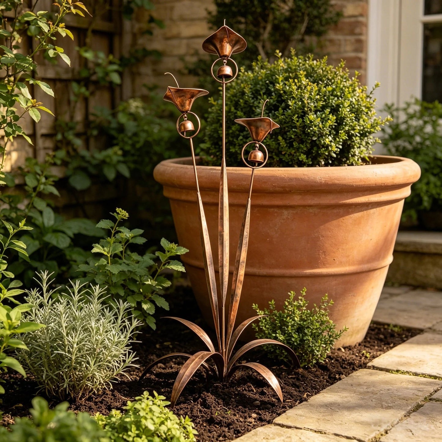 🏡🔥Flamed Copper Calla Lily Stake With Soothing Wind Bells