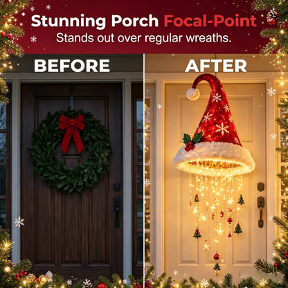 🎅✨Light‐Up Santa Hat Hanging Chandelier, Plush Christmas Pendant Light with Hanging Ornaments, Indoor & Covered Porch Holiday Decoration