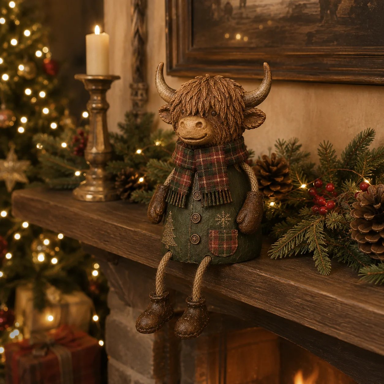 Festliche Hochlandkuh-Regalfigur – Rustikale Weihnachtsdekoration für Zuhause