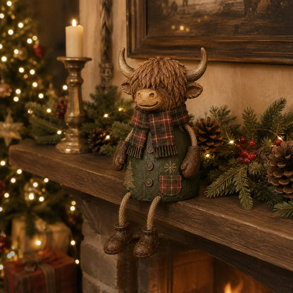 Festliche Hochlandkuh-Regalfigur – Rustikale Weihnachtsdekoration für Zuhause