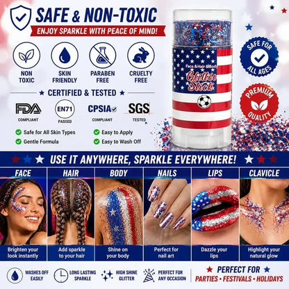 🎁🦅4th of July Glitter Stick✨🔔 Red, White & Blue Body & Hair Sparkle
