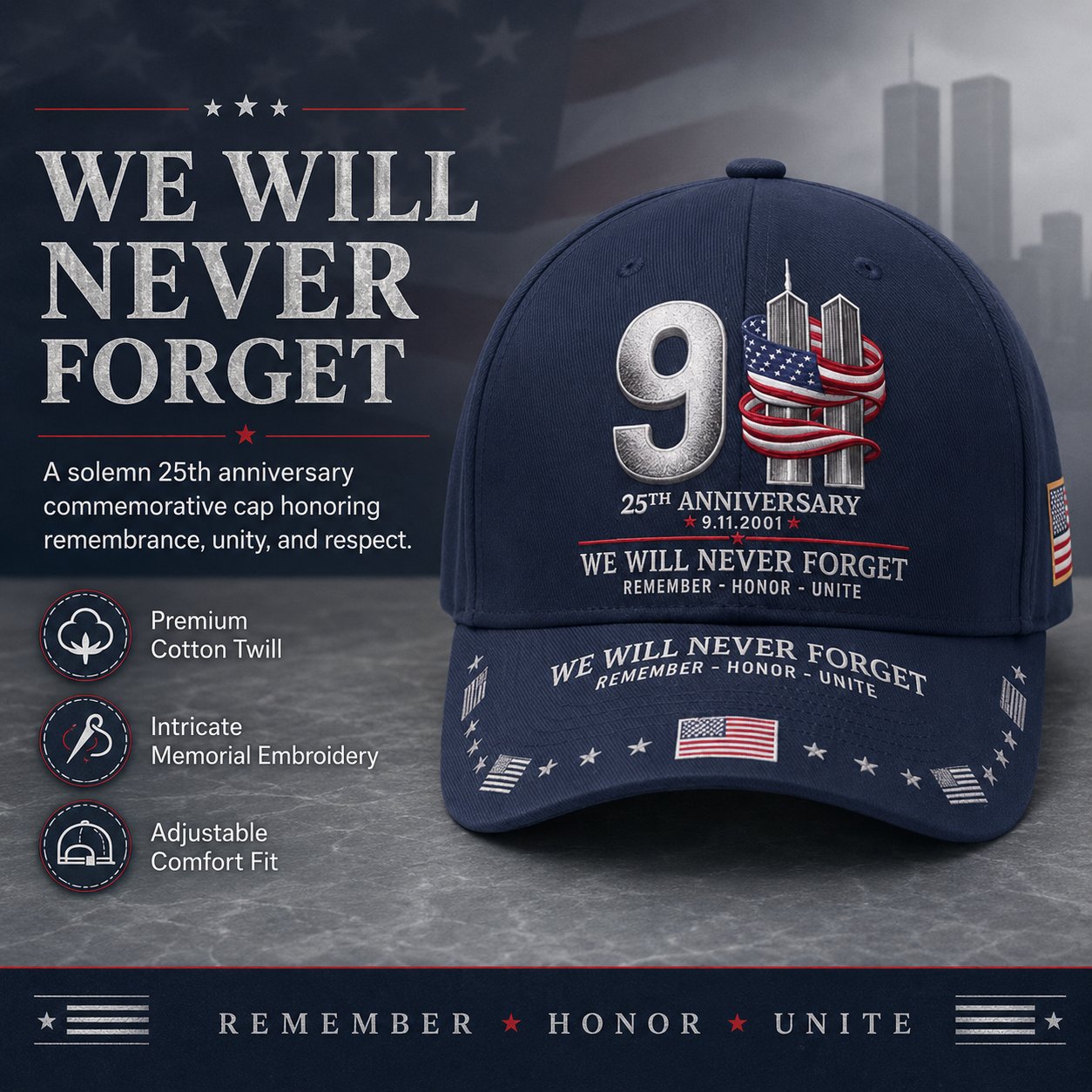 🔥9/11 25th Anniversary We Will Never Forget Printed Memorial Baseball Cap – Unisex Patriotic Memorial Hat🧢
