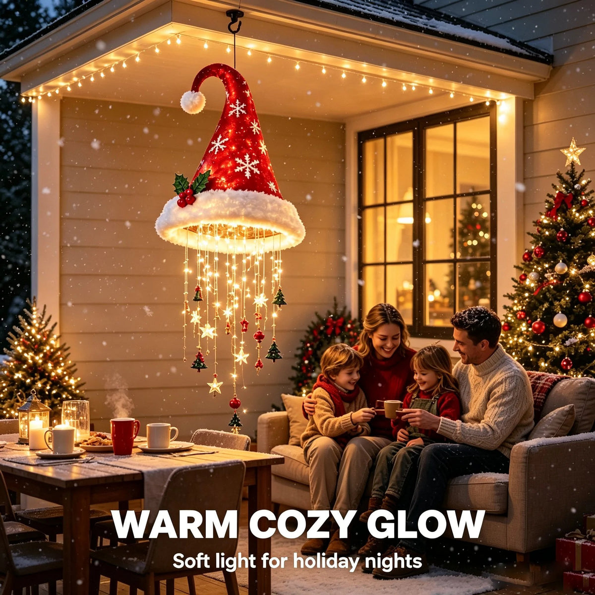 🎅✨Light‐Up Santa Hat Hanging Chandelier, Plush Christmas Pendant Light with Hanging Ornaments, Indoor & Covered Porch Holiday Decoration