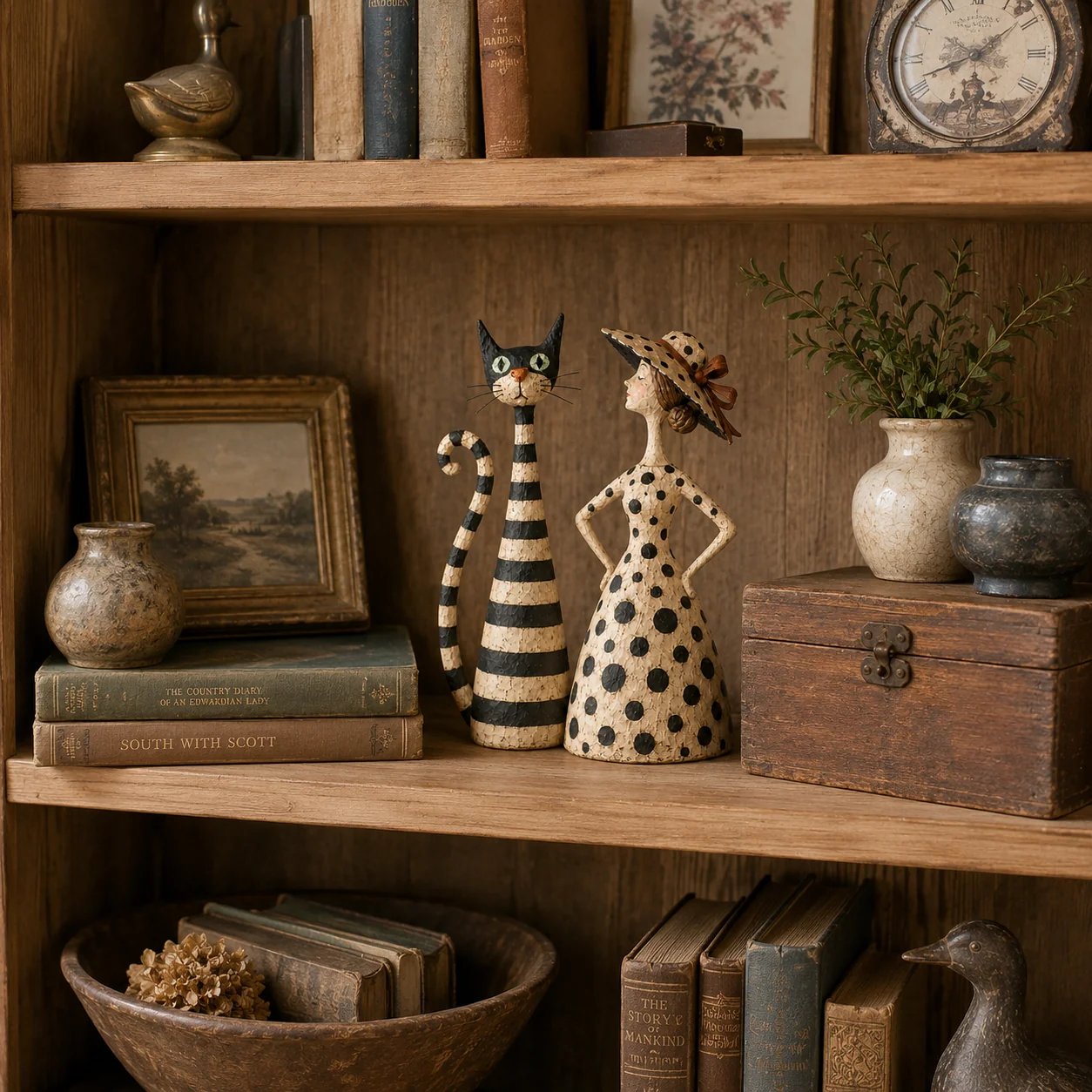 Vintage Cat & Lady Sculptures