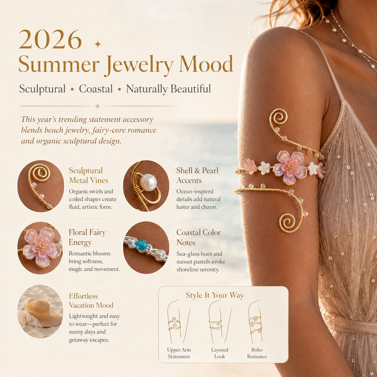 🌸 2026 Trending Fairy Floral Upper Arm Cuff – 💎Sculptural Beach Jewelry for Women