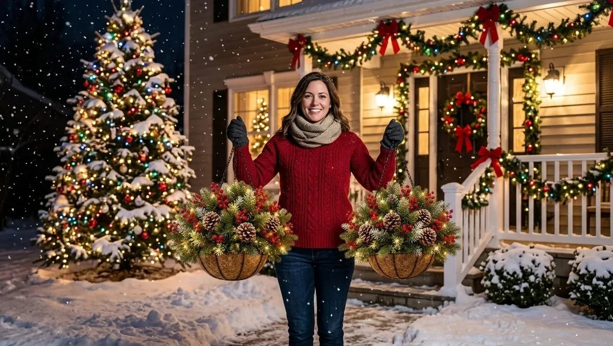 🎄 Last Day 50% OFF 🏆 Pre-Lit Christmas Hanging Basket | Pre-lit, weather-resistant, and zero maintenance