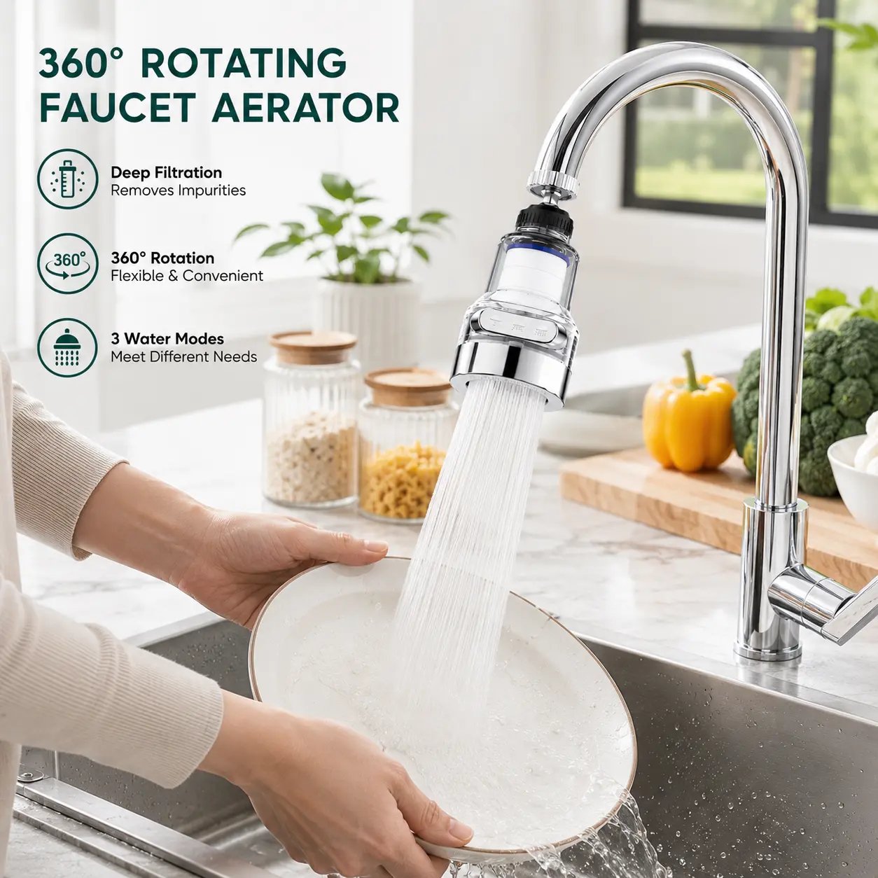 360° Rotating Faucet Aerator with 3 Water Modes