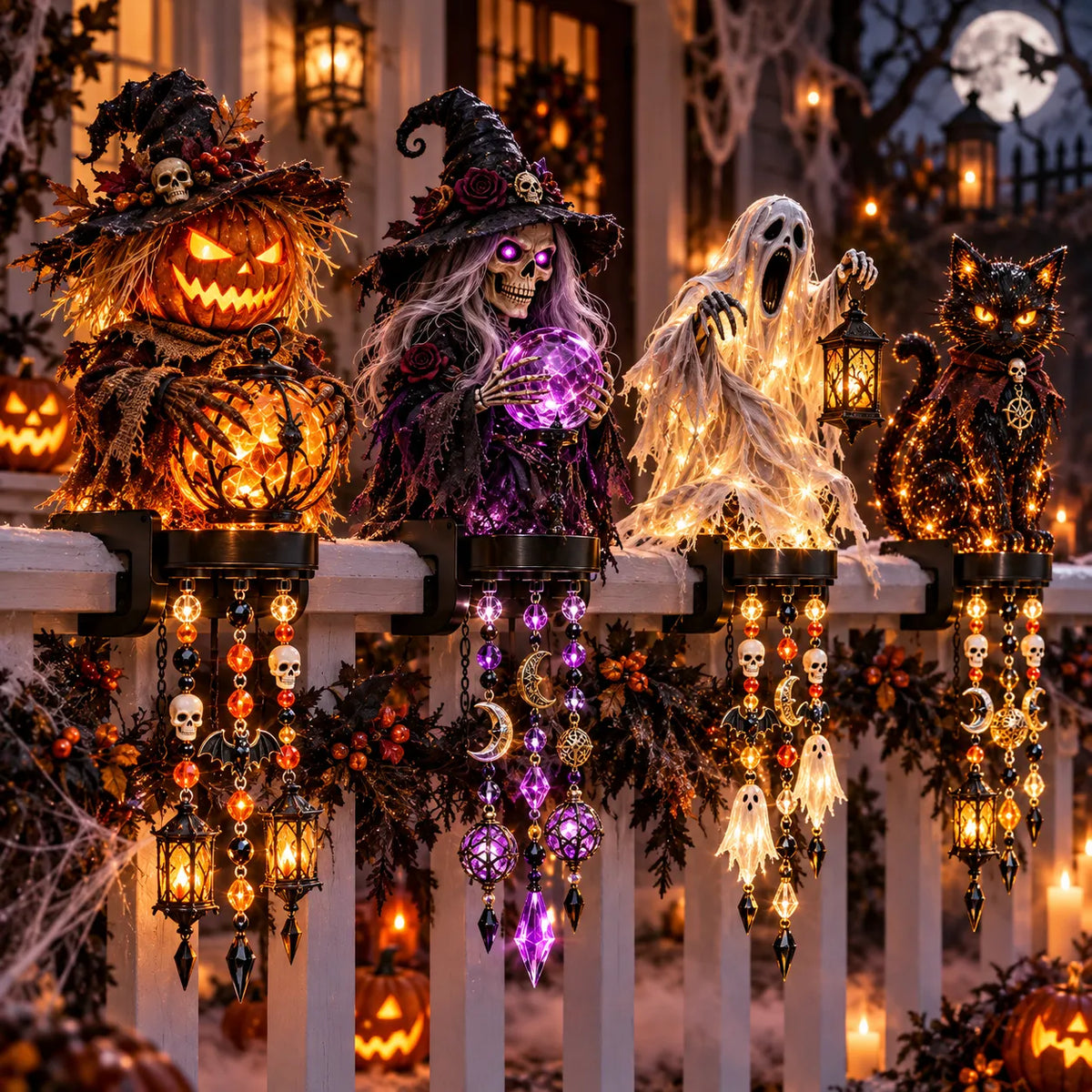 🔥😍🎃 Halloween Character Glow Cascade Railing Lights – Pumpkin, Witch, Ghost & Black Cat