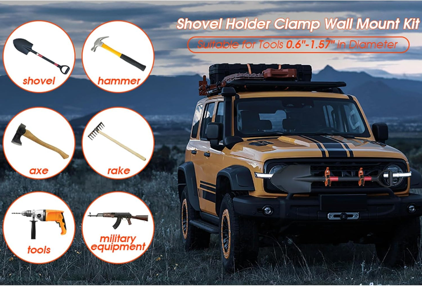 🛠️Metal Rubber Shovel Mount for Roof Rack & Truck Bed🔩Truck Jeep Offroad Roof Rack Axe Shovel Mount⚙️ Quick Fist Mounting Clamps