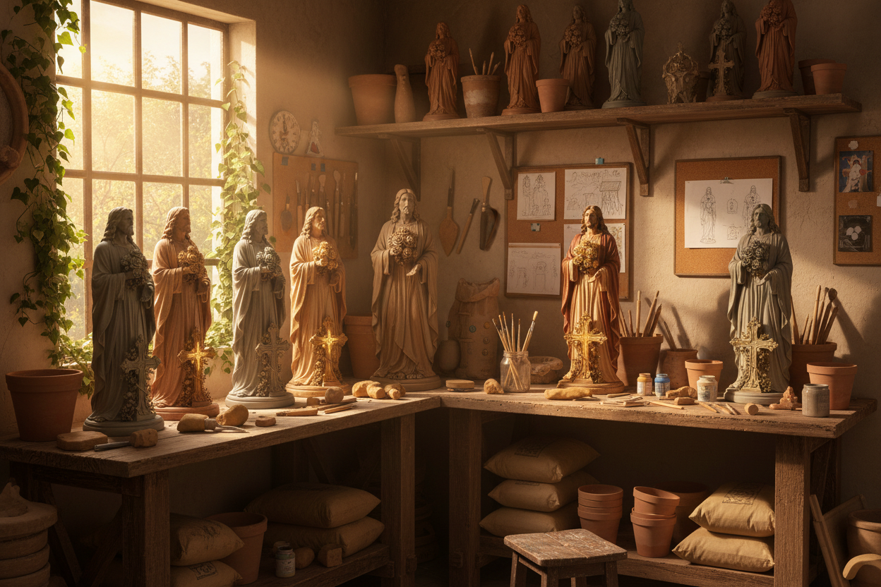 Backyard studio with handcrafted Jesus sculptures