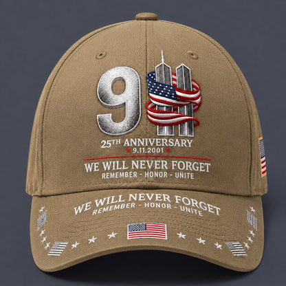🔥9/11 25th Anniversary We Will Never Forget Printed Memorial Baseball Cap – Unisex Patriotic Memorial Hat🧢