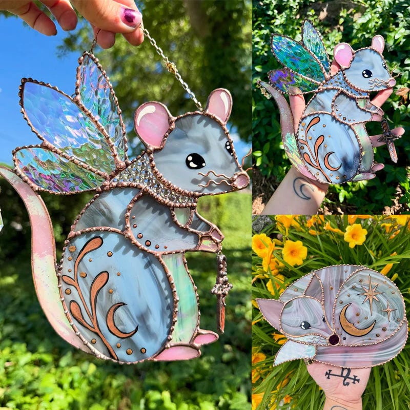 Handcrafted Stained Glass Enchanted Fairy Mouse Suncatcher – Whimsical Window Hanging Decor