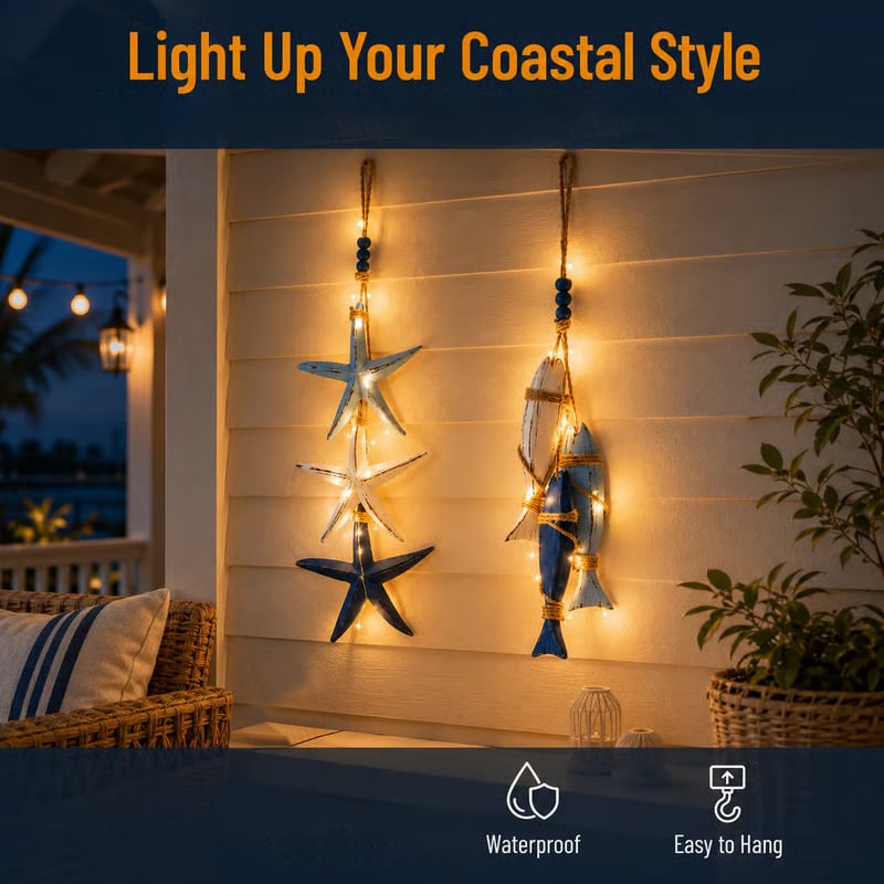 ⭐2026 HOT SALE🐟🌊Lighted Coastal Wooden Starfish & Fish Hanging Decor