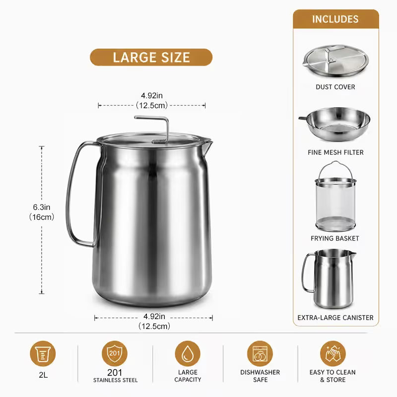 68oz 201 Stainless Steel Deep Fryer Pot with Basket & Strainer, Large Capacity Bacon Grease Container for Kitchen,Frying, Cooking, Camping,Oil Filter Container - Dishwasher Safe