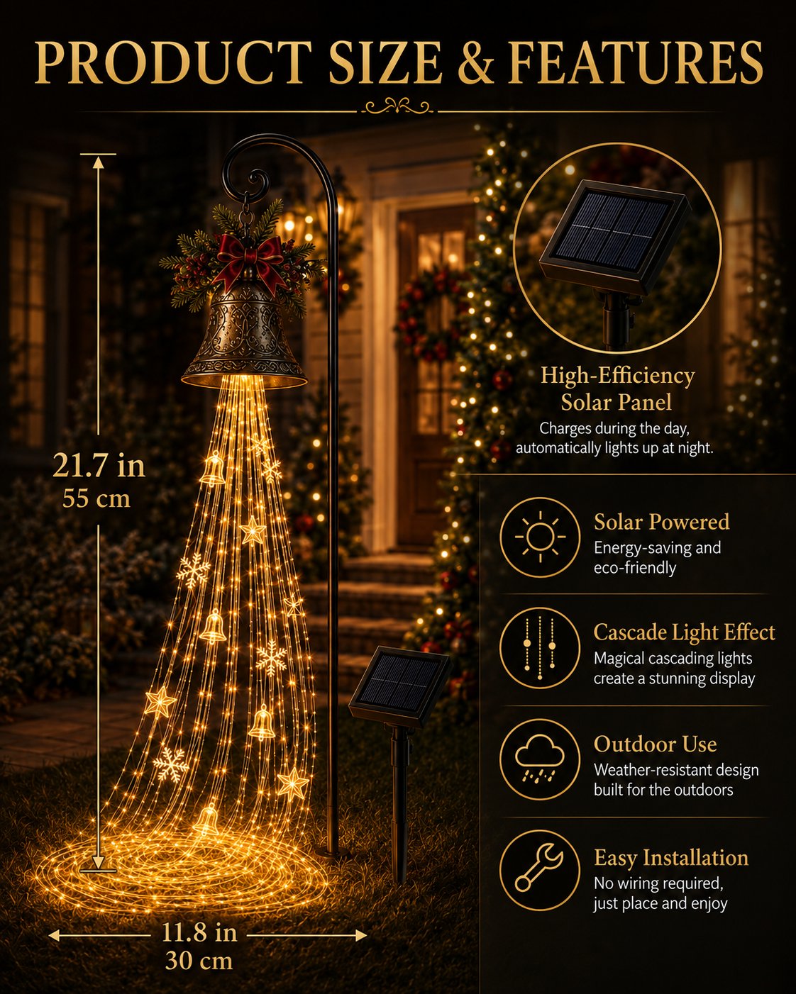🔔 Christmas Bell Cascade Solar Yard Light — A Golden Waterfall of Light Pouring from a Vintage Bell | Solar-Powered, Zero Wiring, Auto Dusk-to-Dawn Glow | Star & Snowflake Cascade for Walkway, Porch & Garden