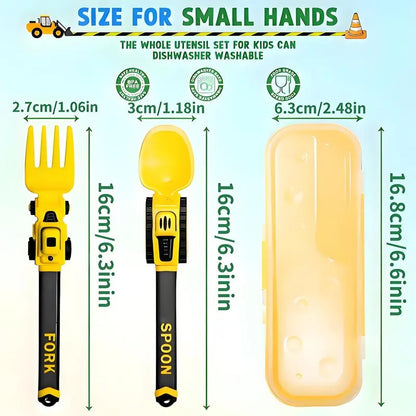 Construction Vehicle Kids Utensil Set 🚜 | 3-Piece Feeding Set with Spoon, Fork & Storage Case | Soft Grip | Dishwasher Safe | Perfect for Travel & Home | Gift Set Utensils
